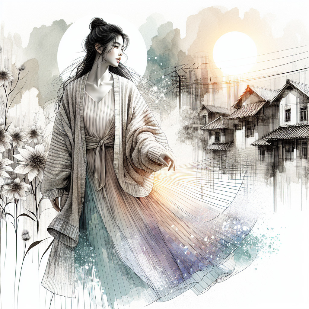 Serene Woman in Pastel Dress Against Tranquil Landscape