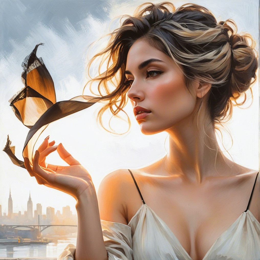 Woman with Tousled Hair and Off-Shoulder Top in Evening