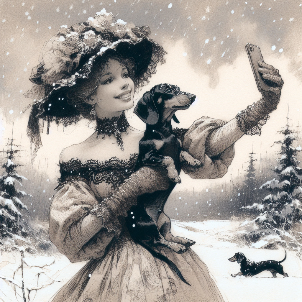 Woman in Vintage Gown with Dachshunds in Snowy Scene