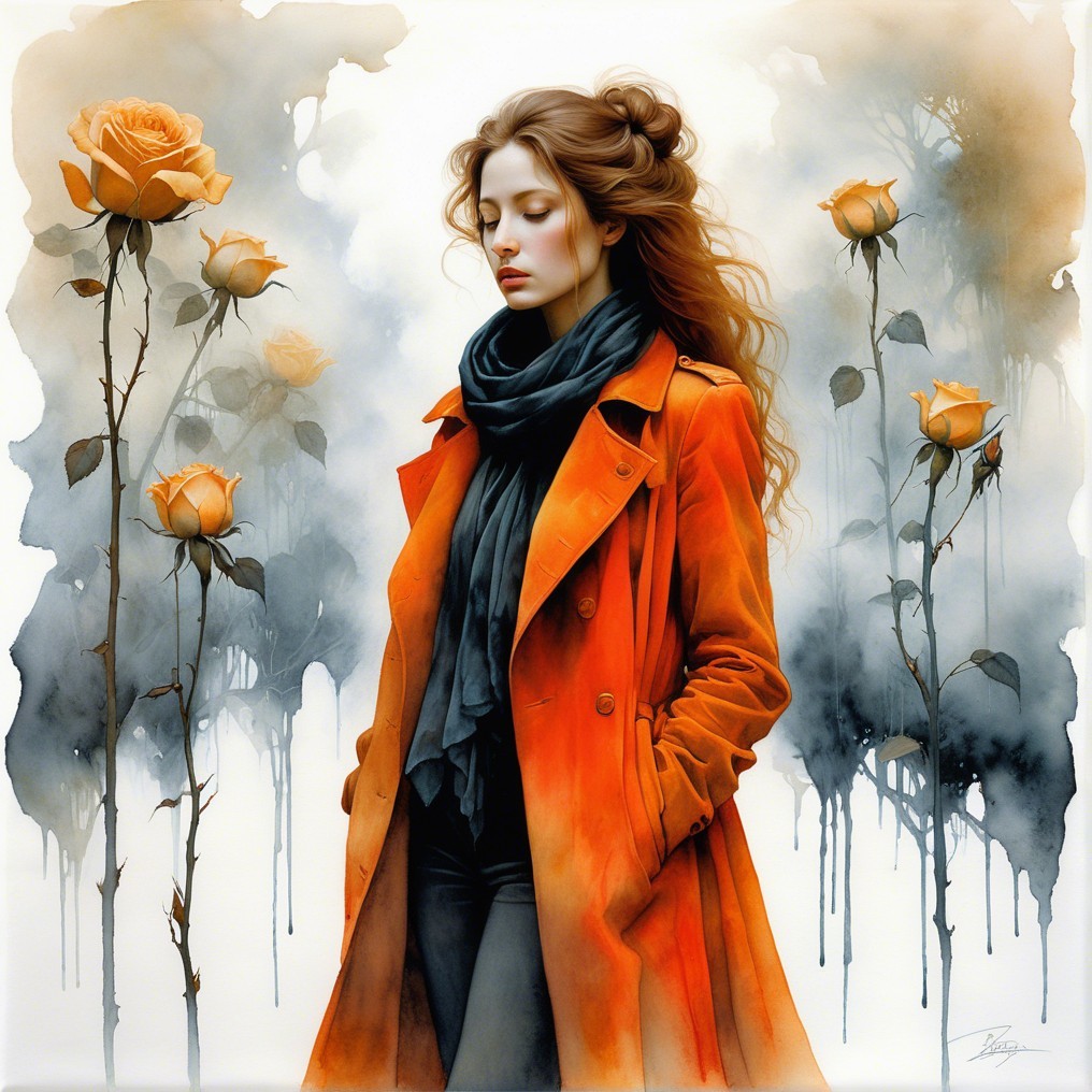 Young woman in orange coat with roses in soft hues