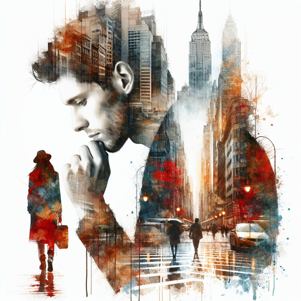 Contemplative Young Man with Cityscape Silhouette