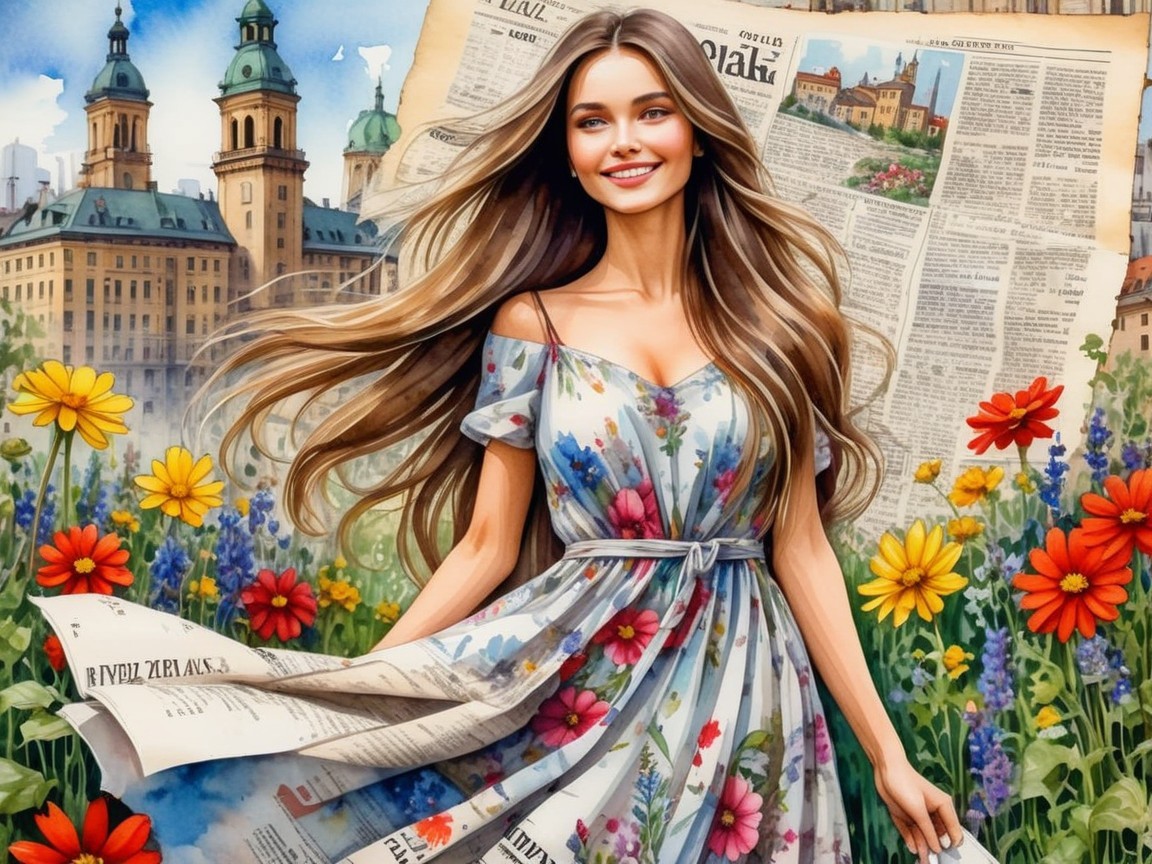 Young Woman in Floral Dress Surrounded by Wildflowers
