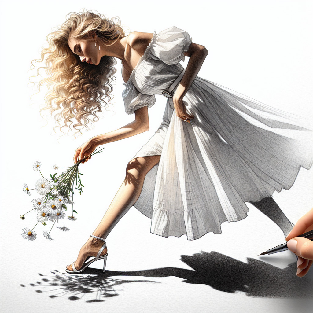 Graceful Woman in White Dress Gathering Wildflowers