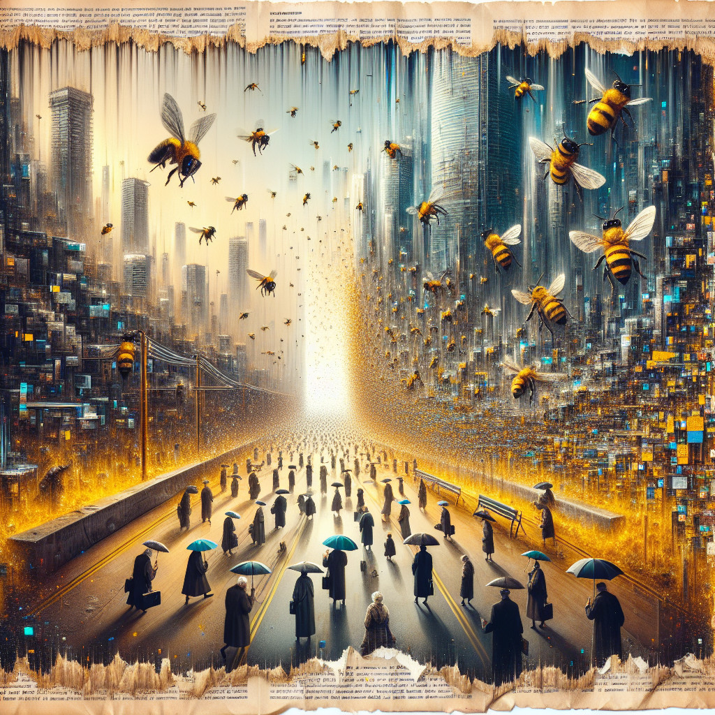 Surreal Urban Landscape with Bees and Shimmering Road