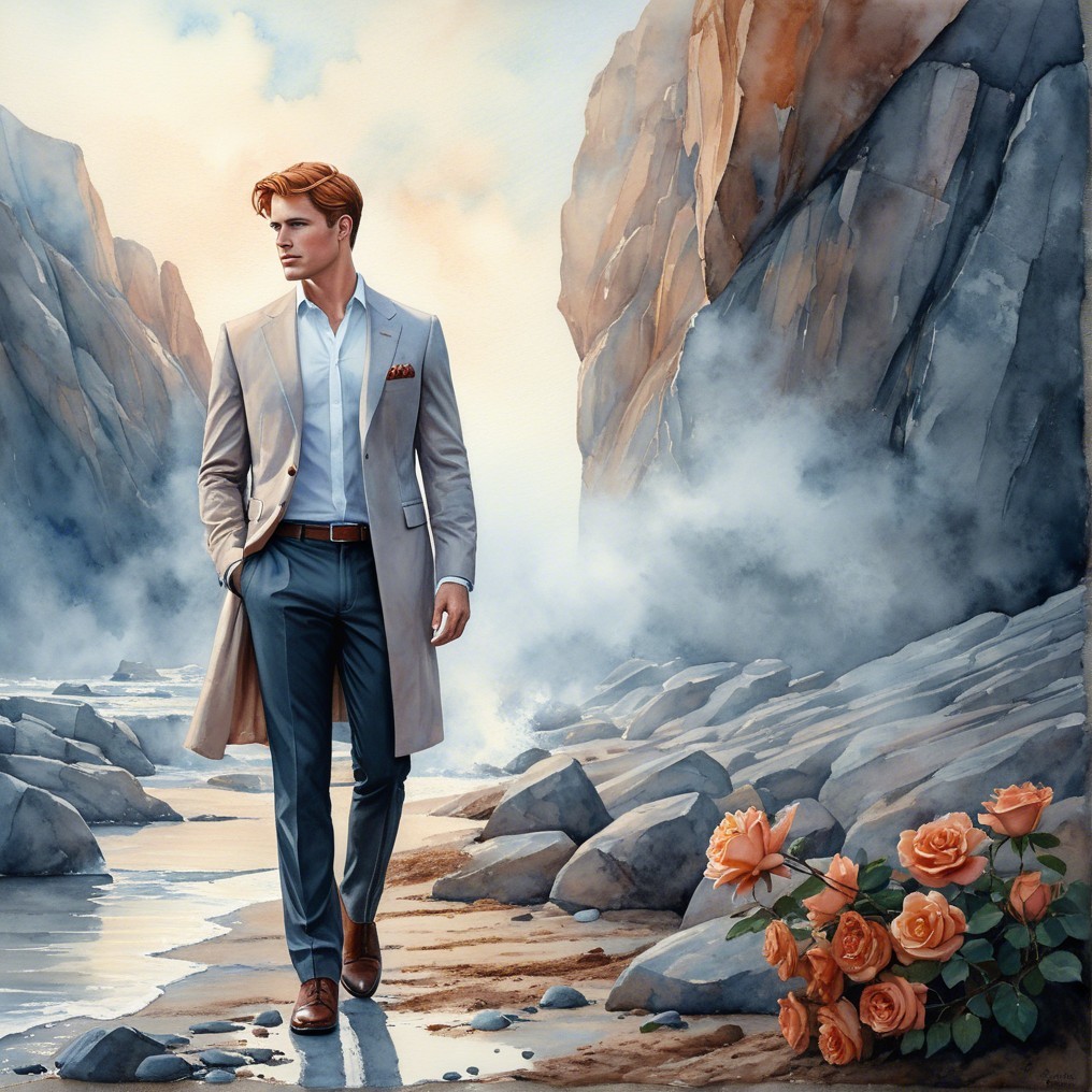 Young man in trench coat by misty rocky shore
