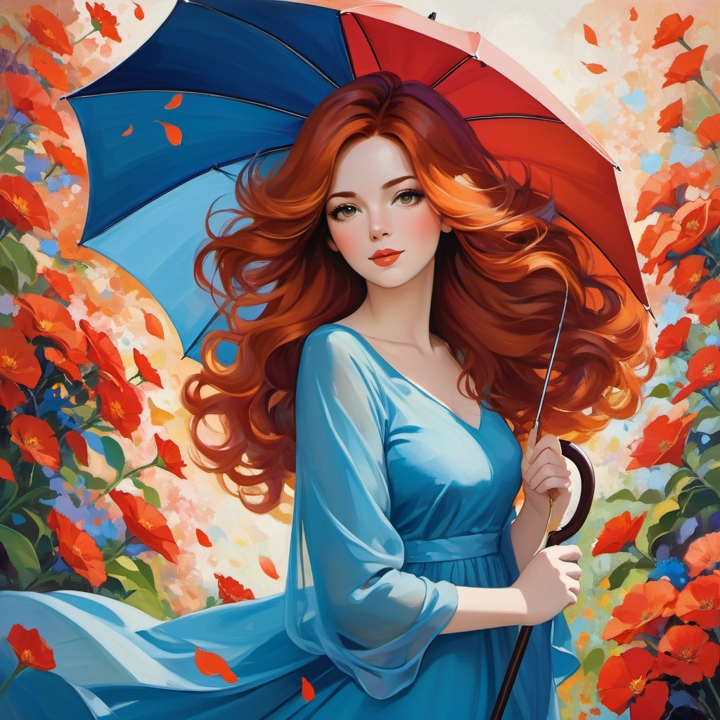 Woman with Red Hair Under Colorful Umbrella in Nature