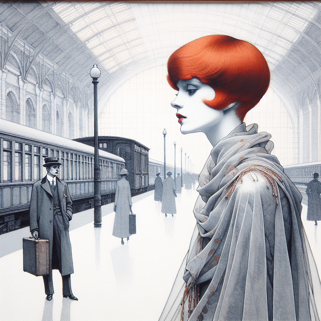 Stylized monochromatic train station scene with figures