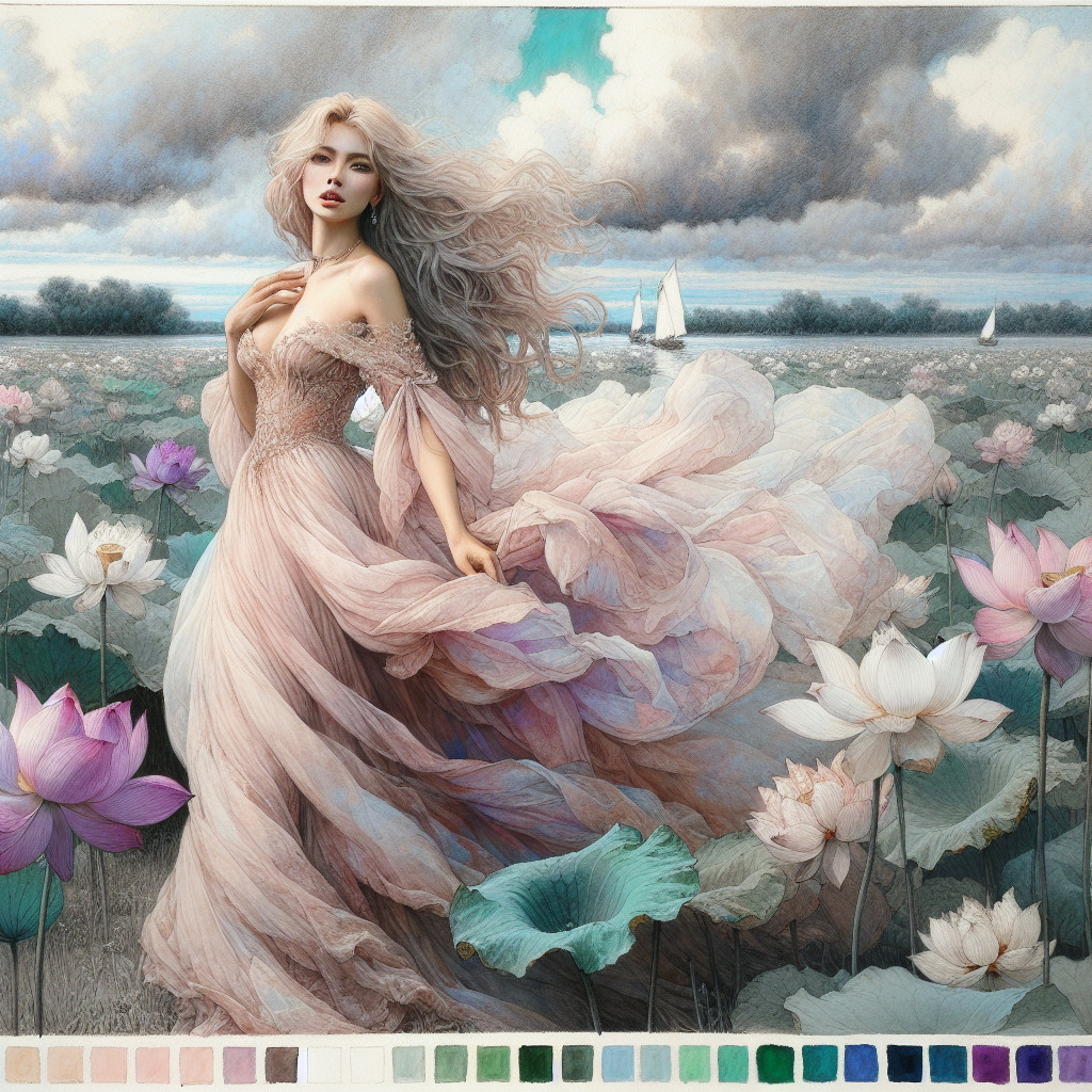 Serene Woman in Ethereal Gown Among Lotus Flowers