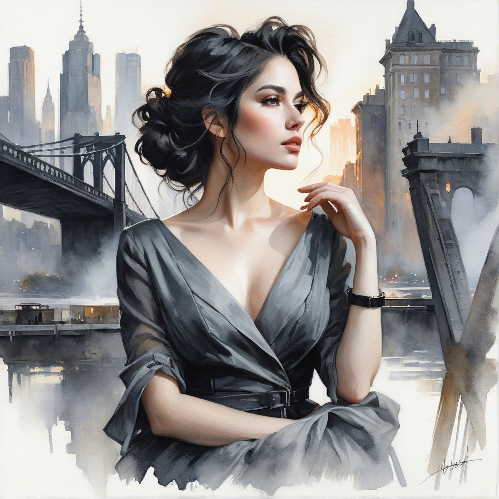 Elegant Woman in Gray Dress Against Misty Cityscape