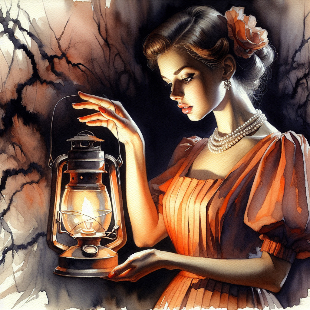Woman in Orange Dress with Lantern in Vintage Setting