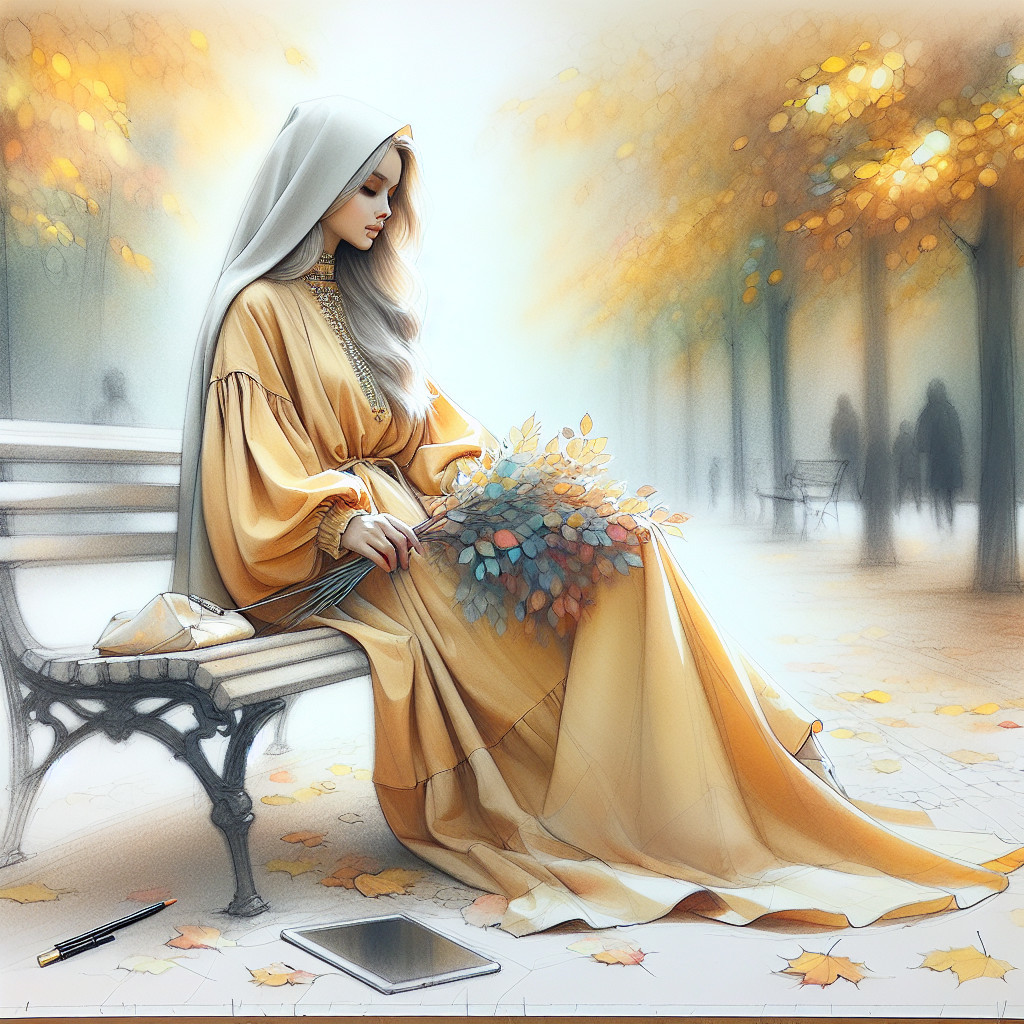 Autumn Scene with Woman in Yellow Dress and Leaves