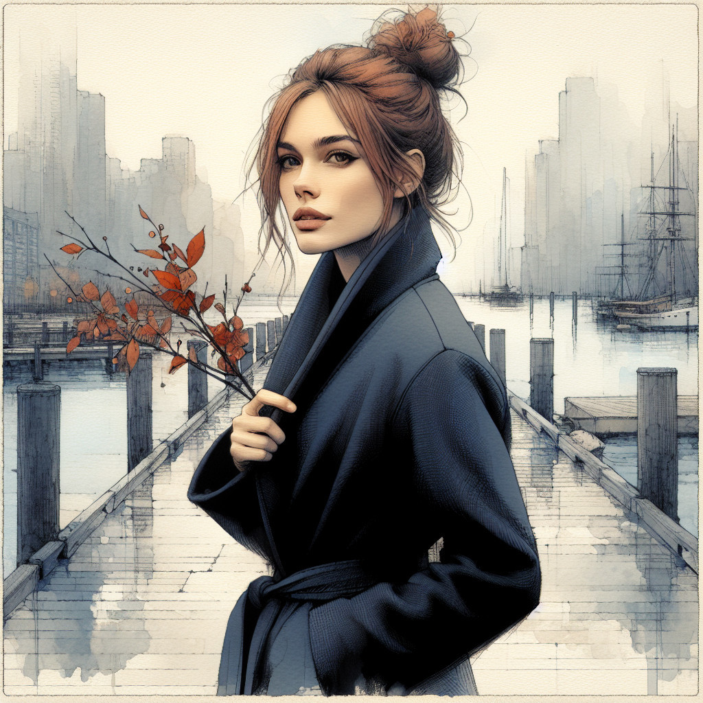 Young Woman in Dark Coat on Urban Dock with Leaves
