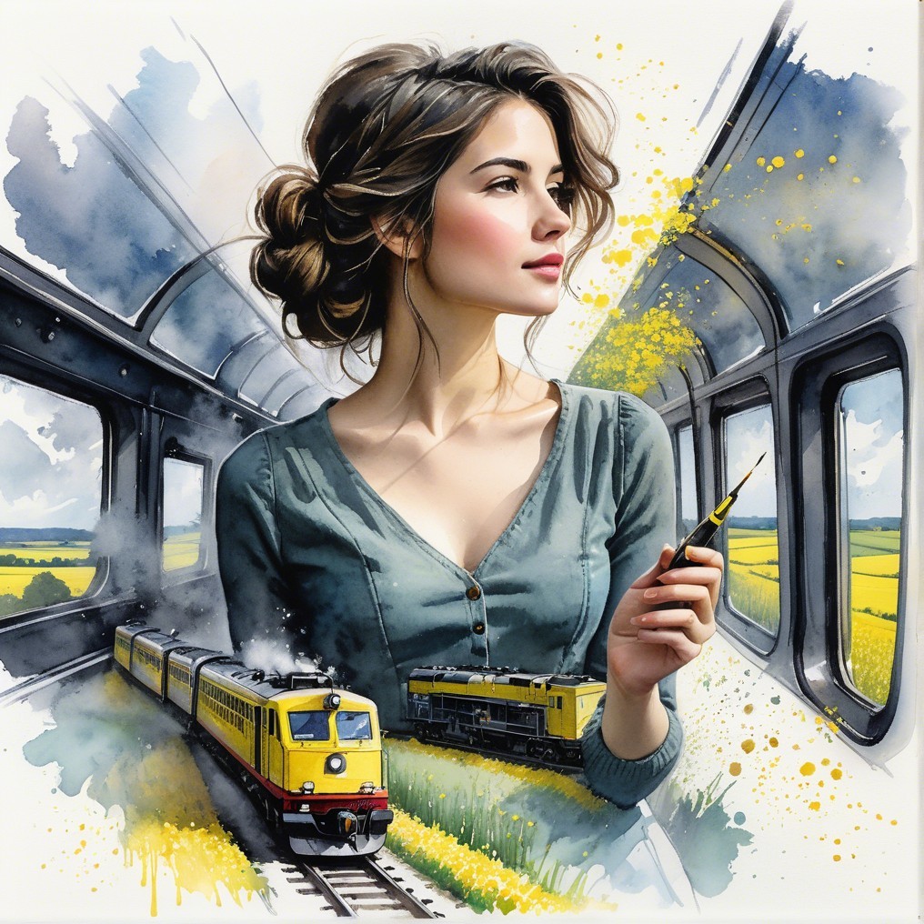Young Woman with Paintbrush in Train Interior