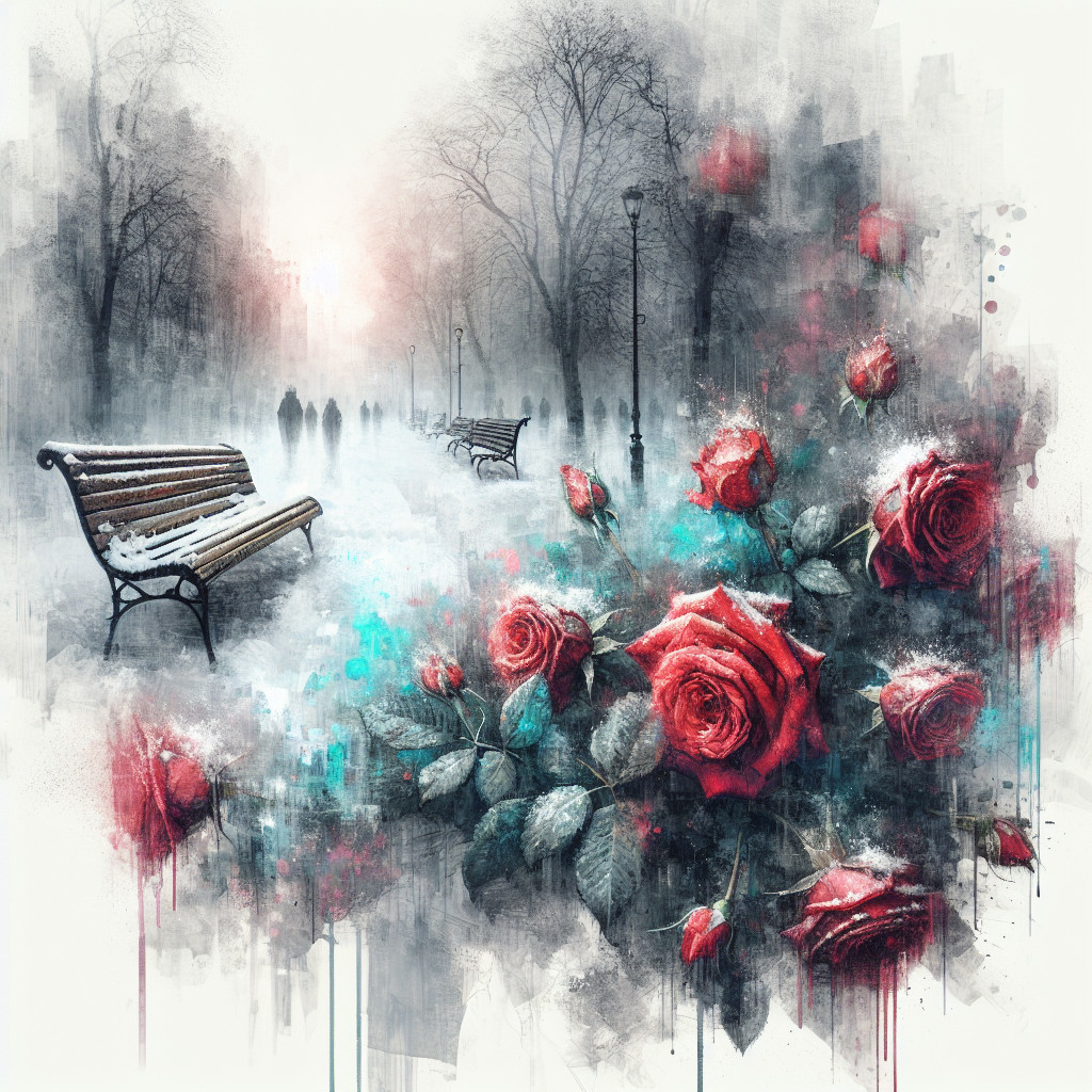 Winter Park Scene with Snow-Covered Red Roses