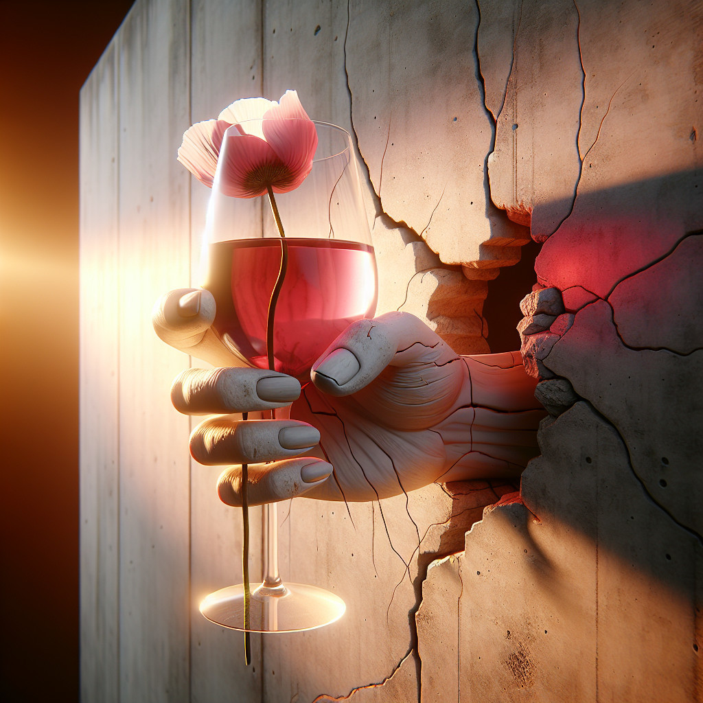 Surreal Scene of Gray Wall with Hand and Pink Glass