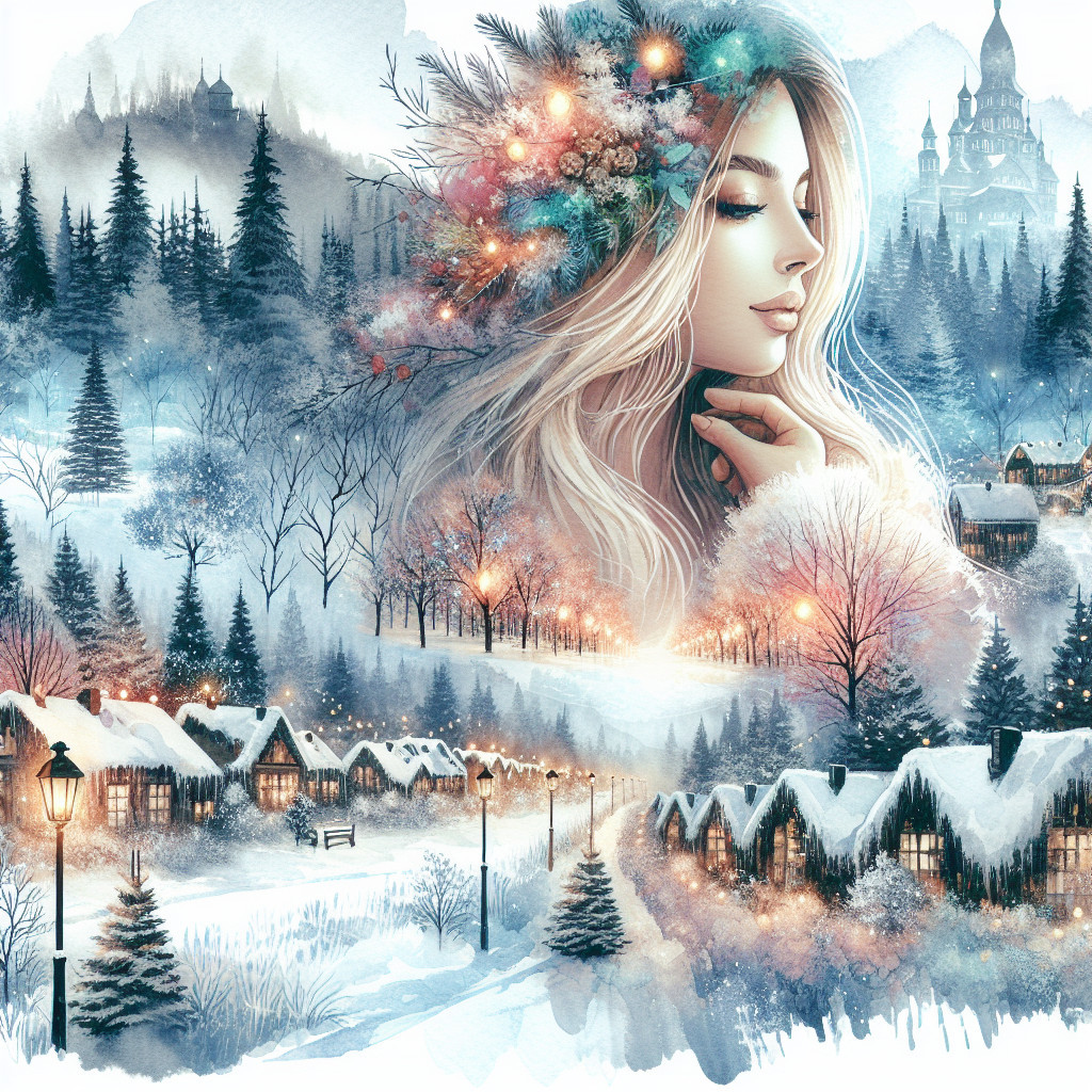 Winter Wonderland Watercolor with Woman in Profile