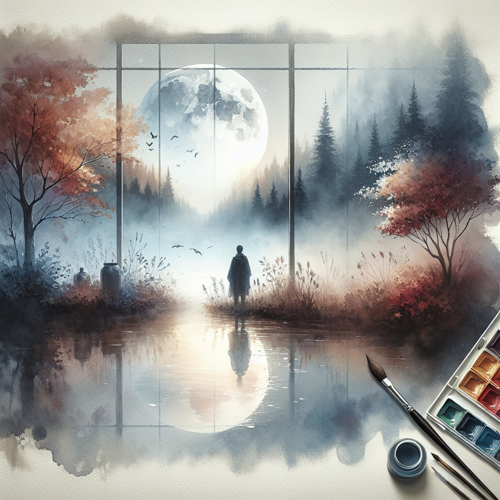 Lone Figure by Tranquil Lake Under Full Moon