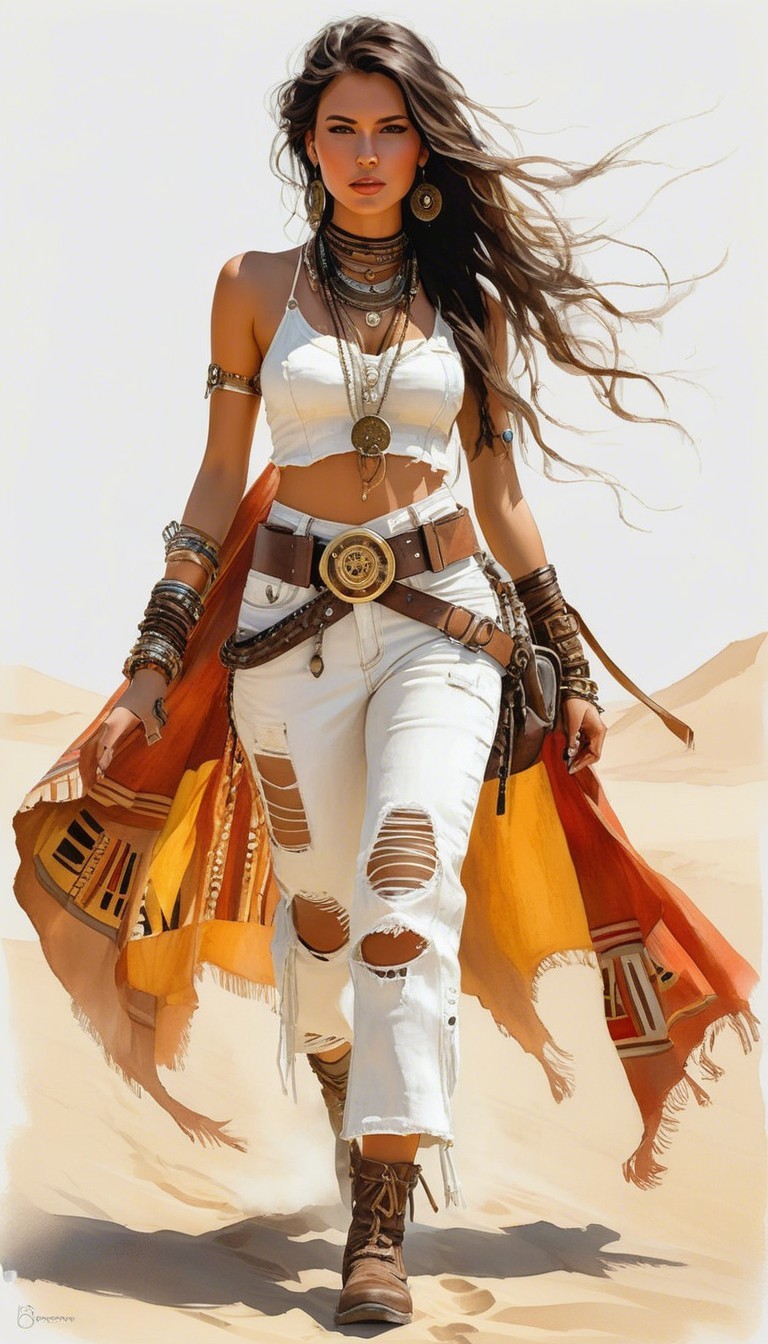 Confident Woman in Bohemian Attire in Desert Landscape