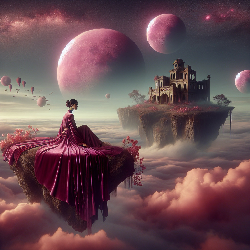 Serene figure in pink gown on a floating island scene