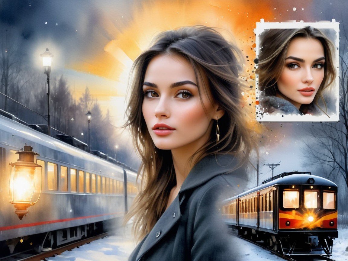 Woman on Snowy Train Track at Sunrise