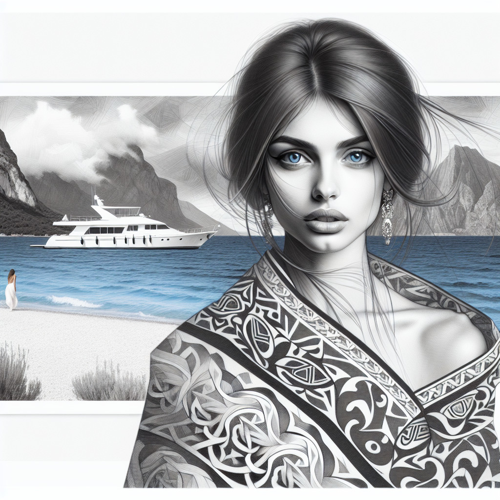 Monochrome Artwork of Woman with Coastal Landscape