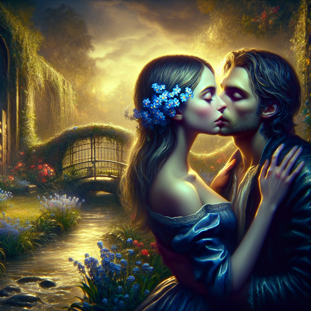 Couple Embraces in Enchanted Garden Setting