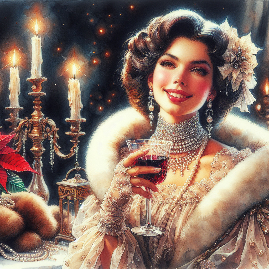 Glamorous Woman in Vintage Attire with Red Wine