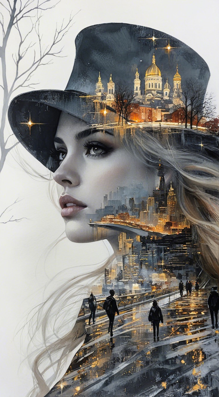 Woman in Hat Blended with Vibrant Cityscape