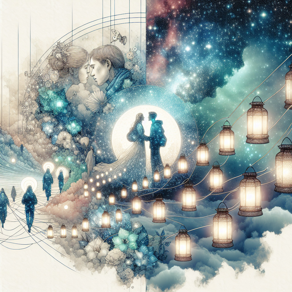 Whimsical Illustration of Love in Two Realms