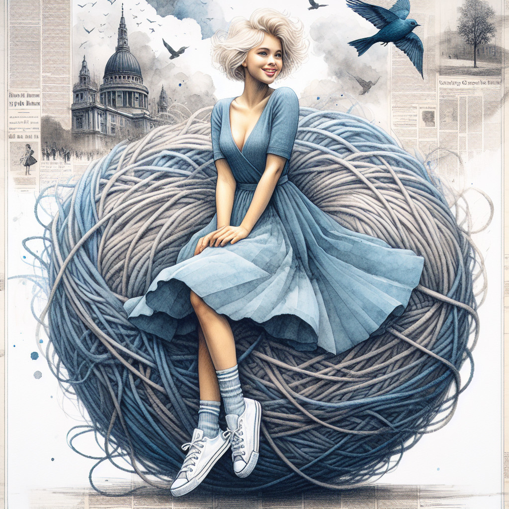 Whimsical Illustration of Woman on Gray Yarn Ball