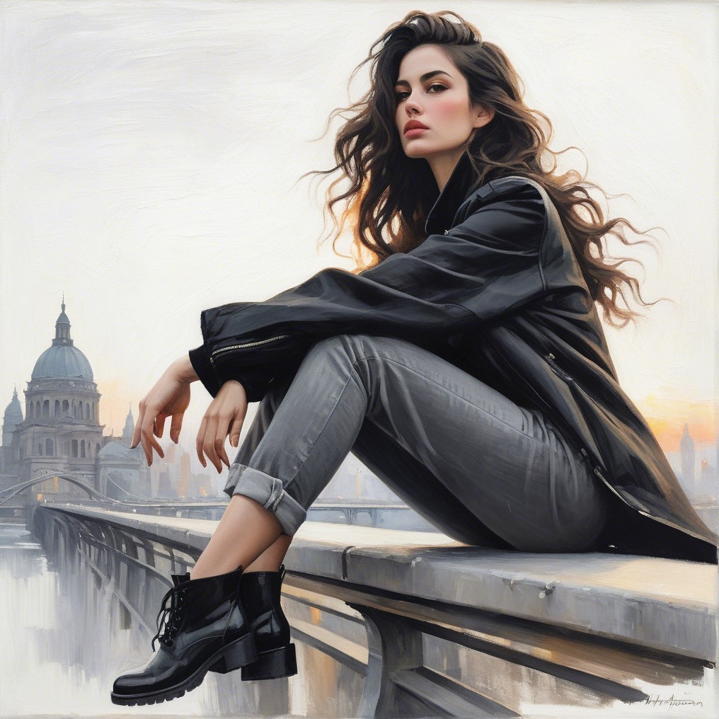 Young Woman in Leather Jacket Overlooking Cityscape