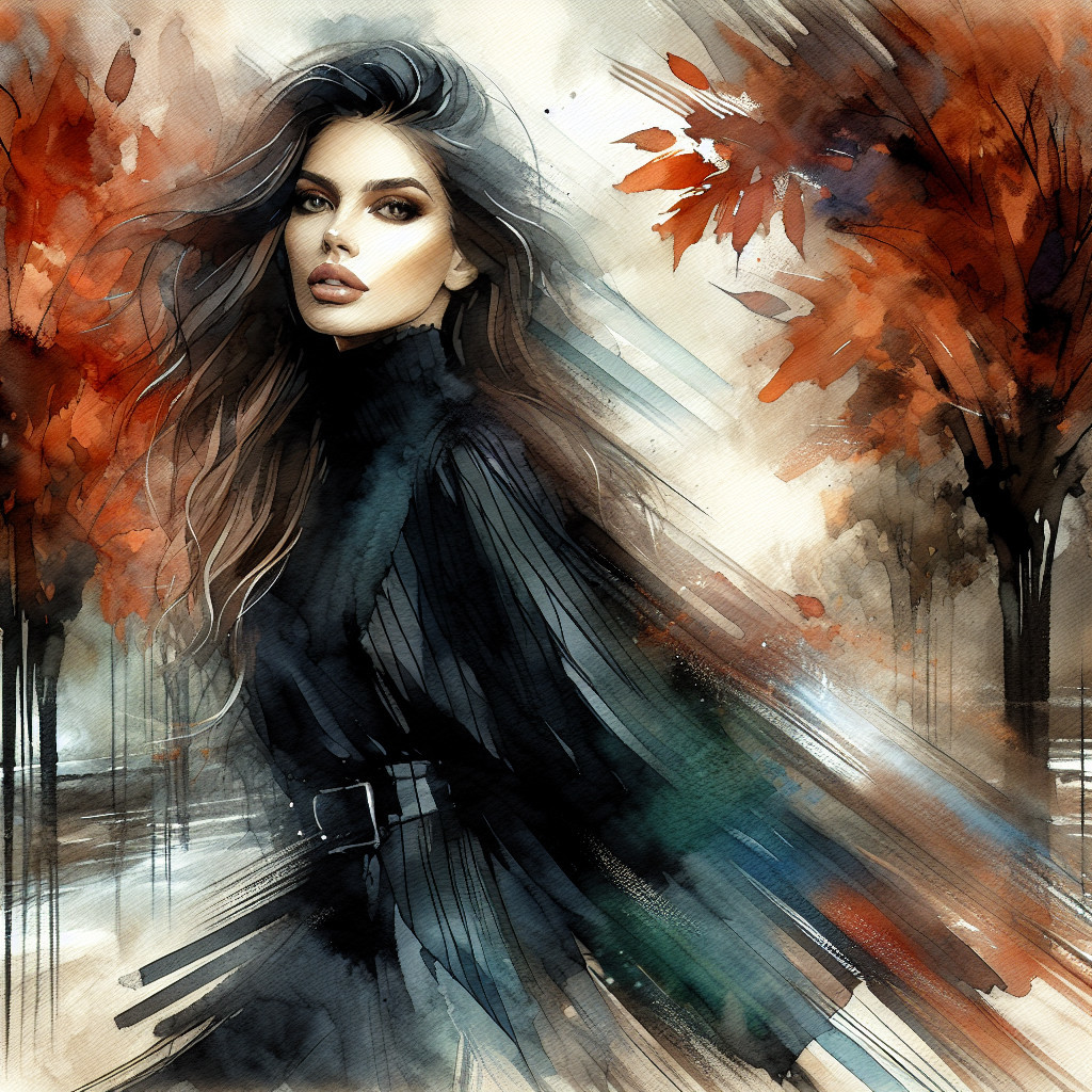 Watercolor Portrait of Woman Amid Autumn Colors