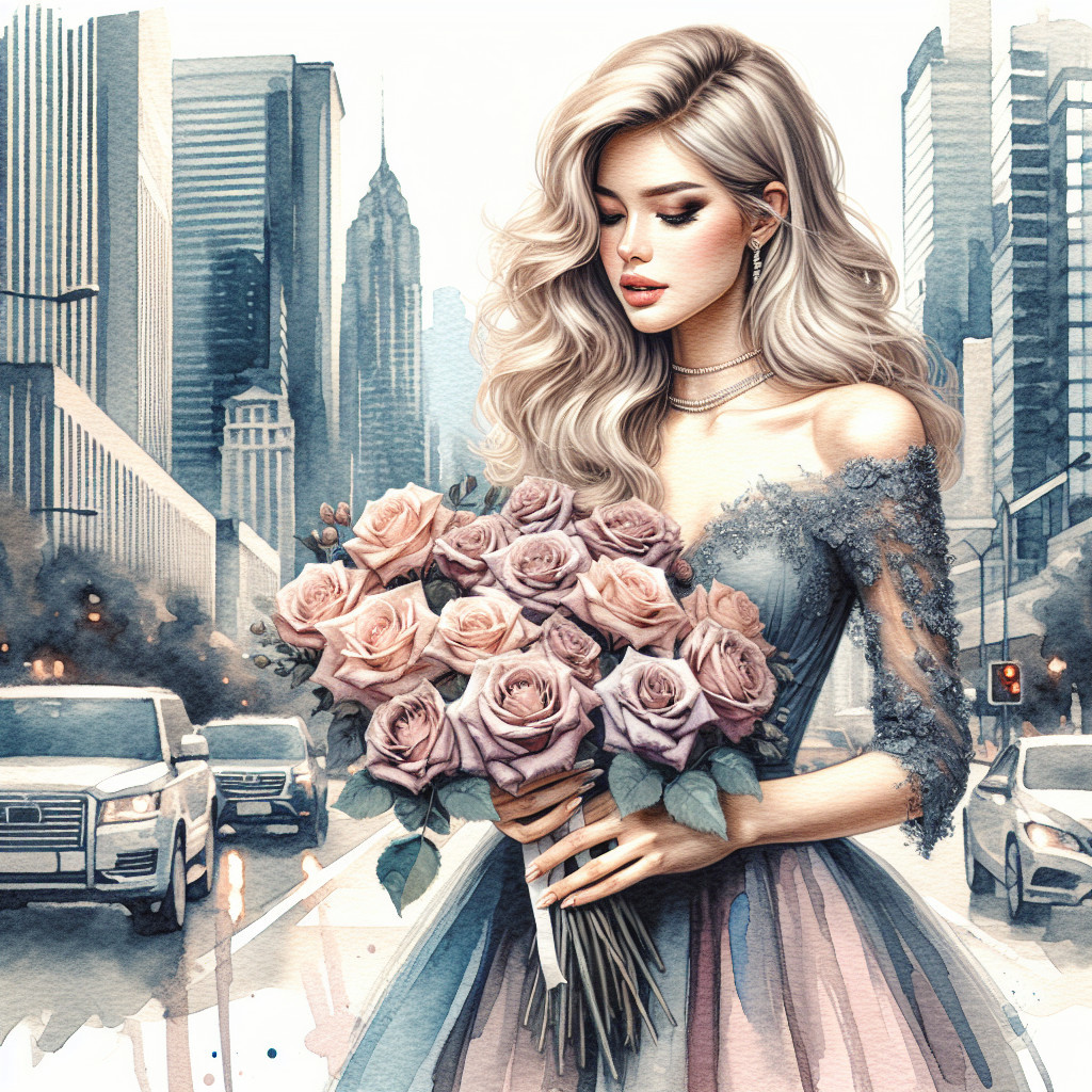 Fashionable Woman with Pink Roses in Cityscape