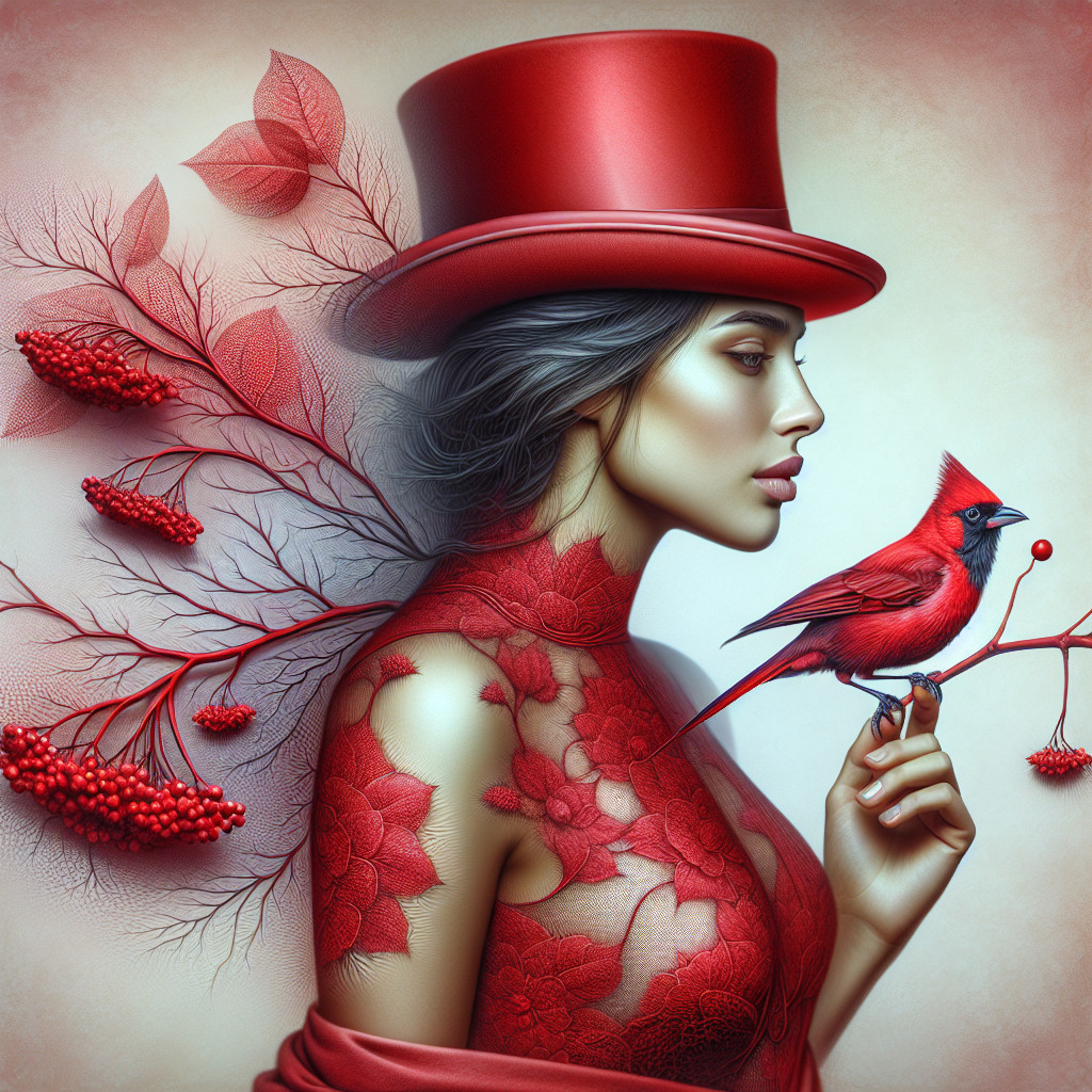 Woman with red tattoos and cardinal in elegant attire