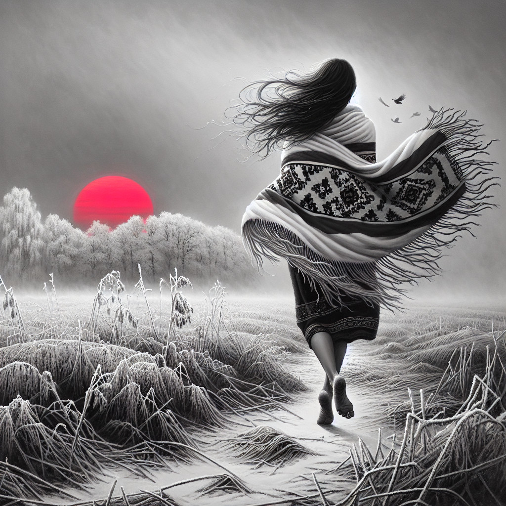 Solitary Figure on Misty Path with Red Sunset