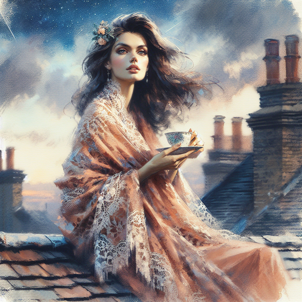 Young Woman in Lace Shawl on Rooftop at Twilight