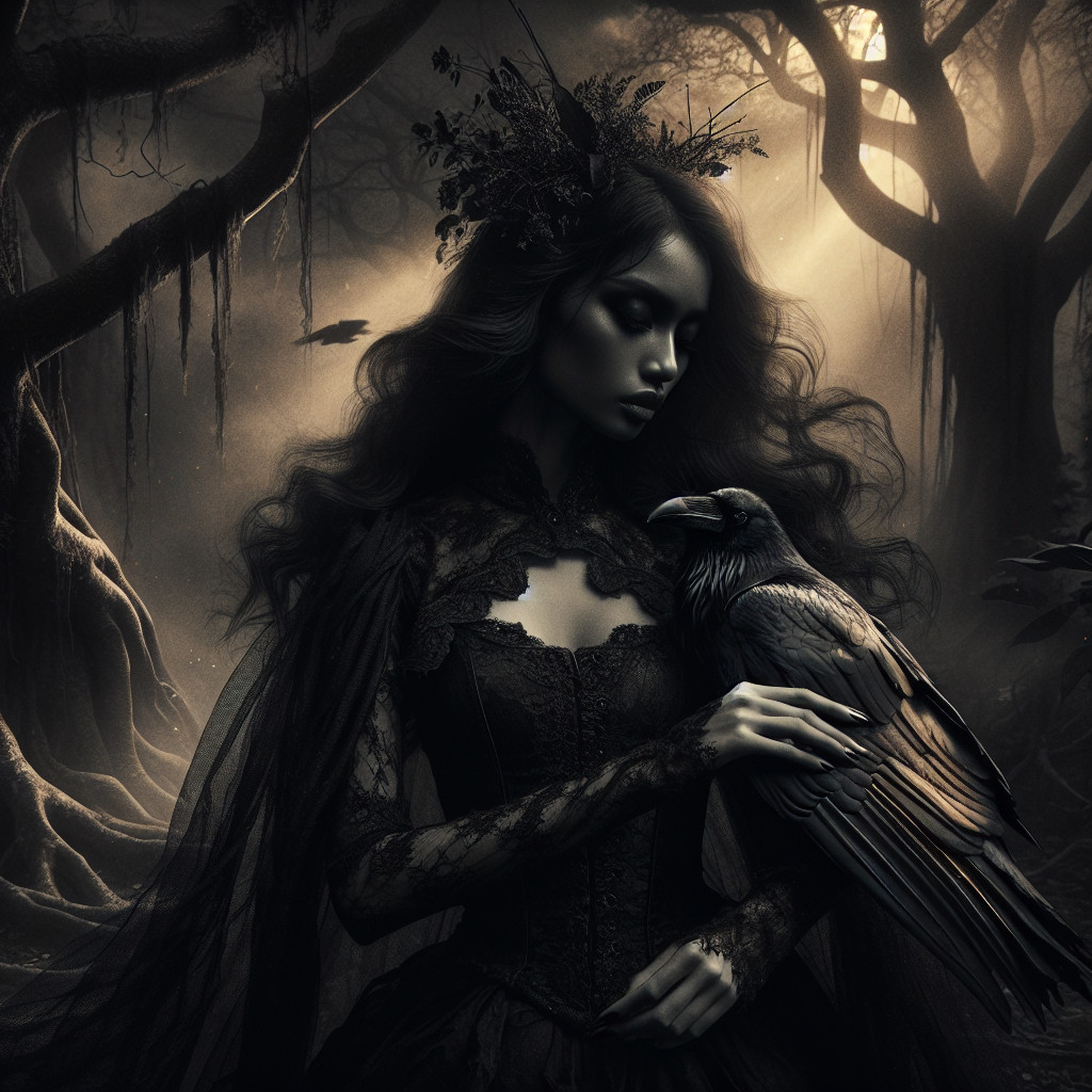 Mysterious Woman in Dark Gown with Raven in Forest