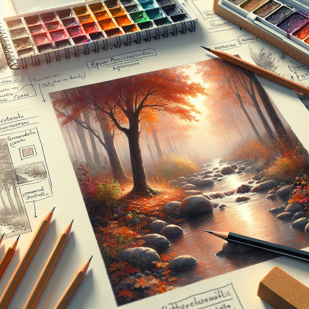 Art Studio with Autumn Landscape Painting and Supplies
