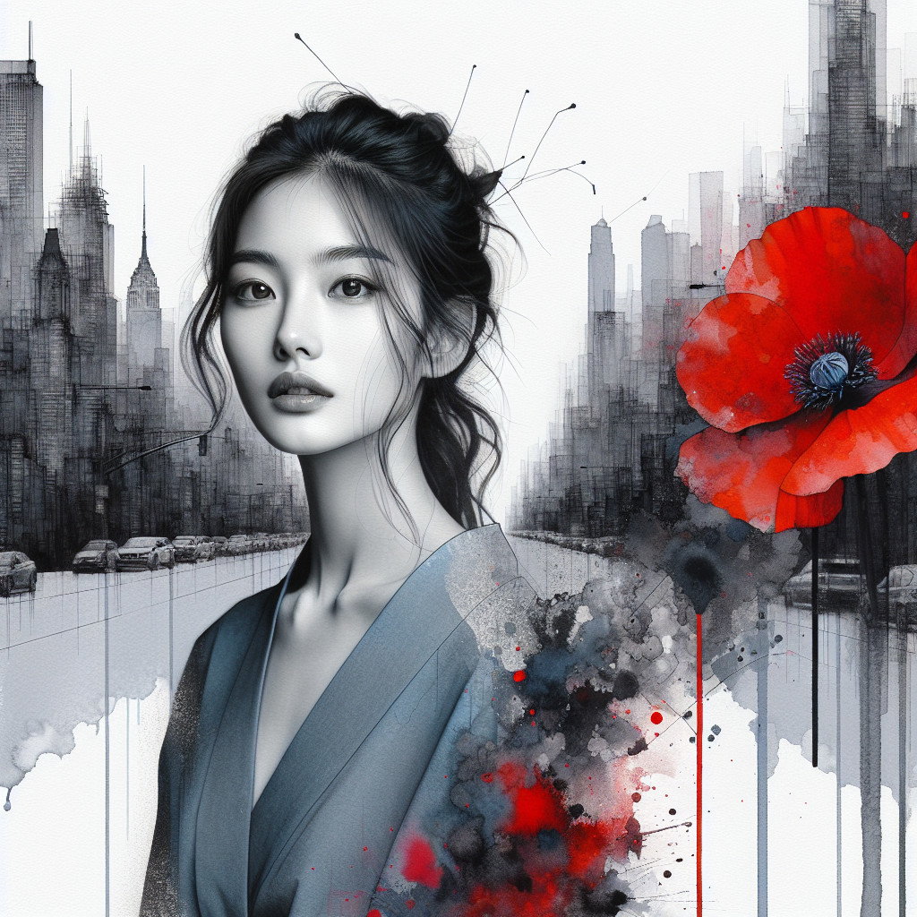 Digital Artwork of Woman in Stylized Cityscape