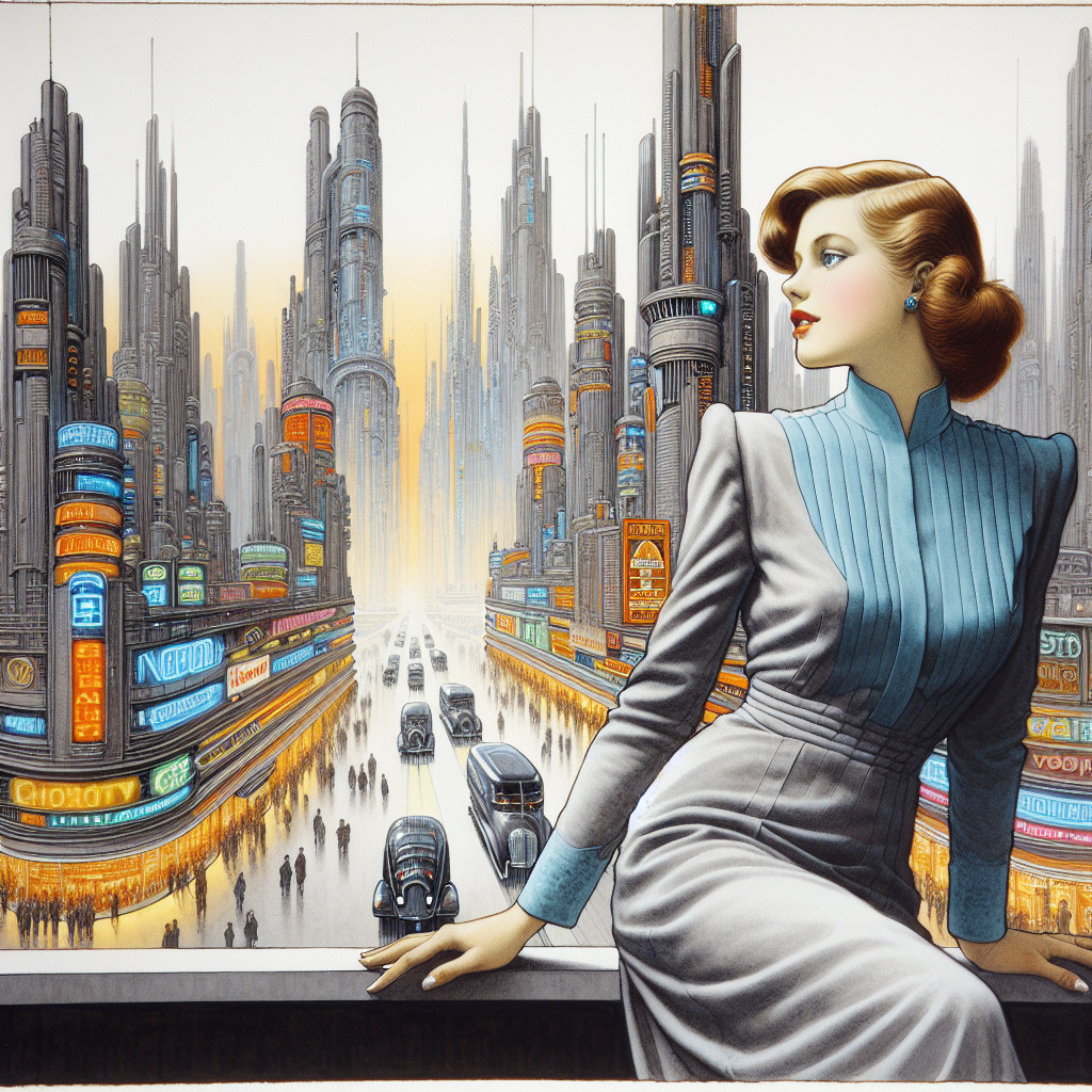 Futuristic Cityscape with Glamorous Woman and Vintage Cars