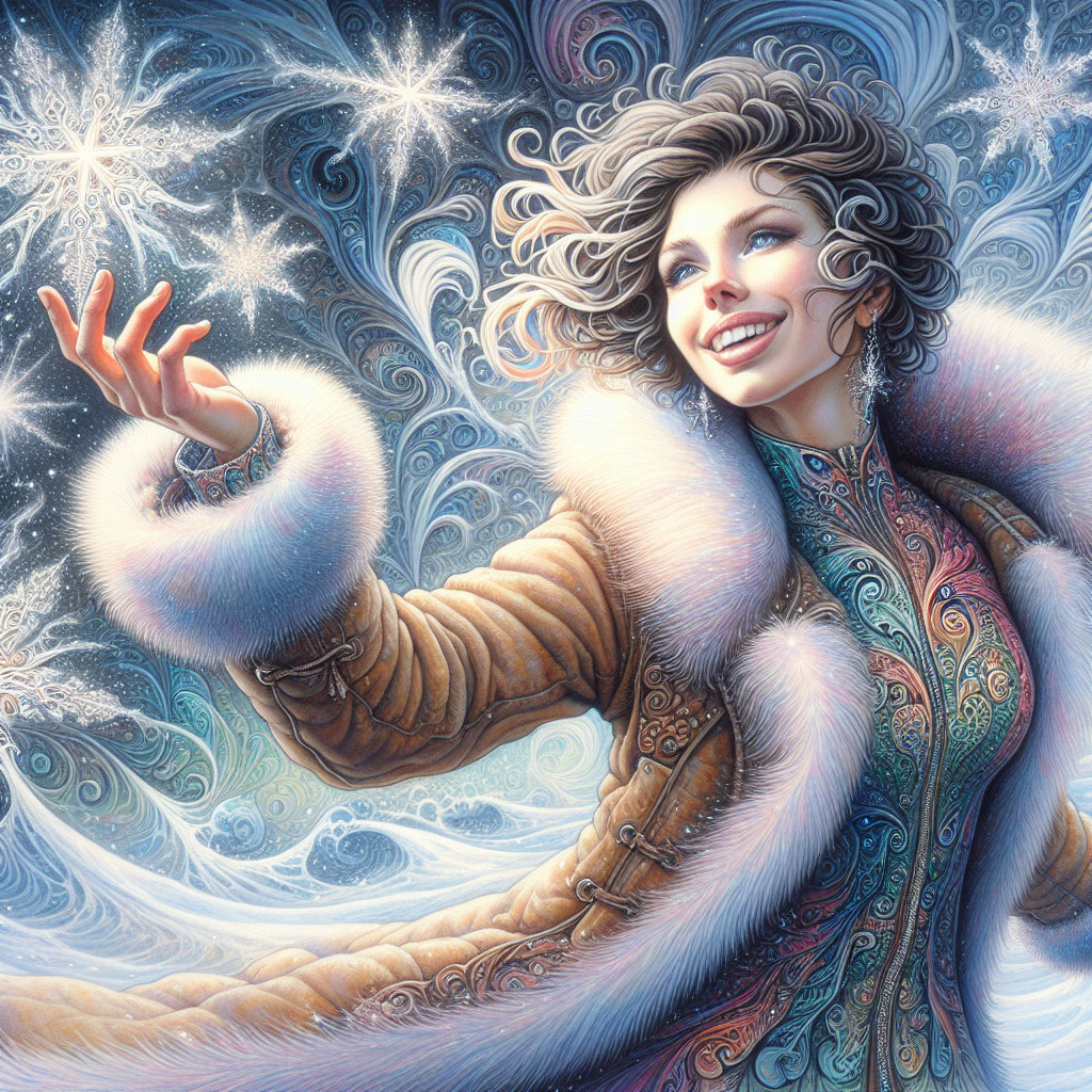 Joyful Woman in Fur Coat Reaching for Shimmering Stars