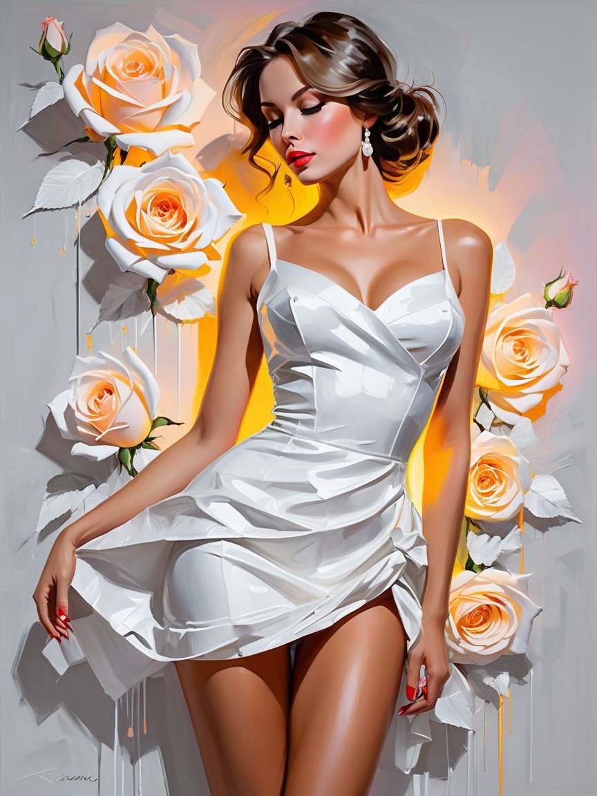 Glamorous Woman in Elegant Dress Among Blooming Roses