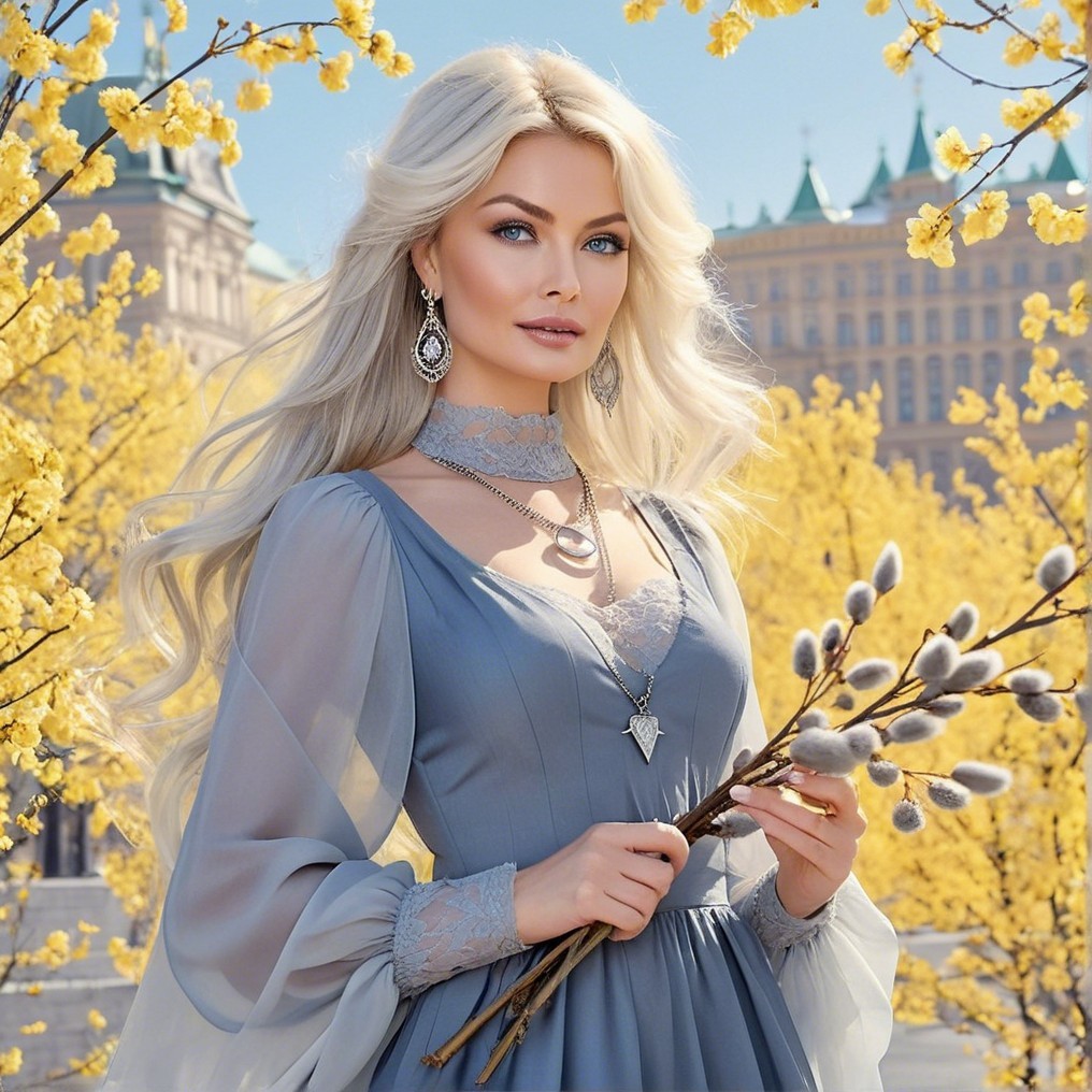 Elegant Woman in Blue Dress Surrounded by Yellow Flowers