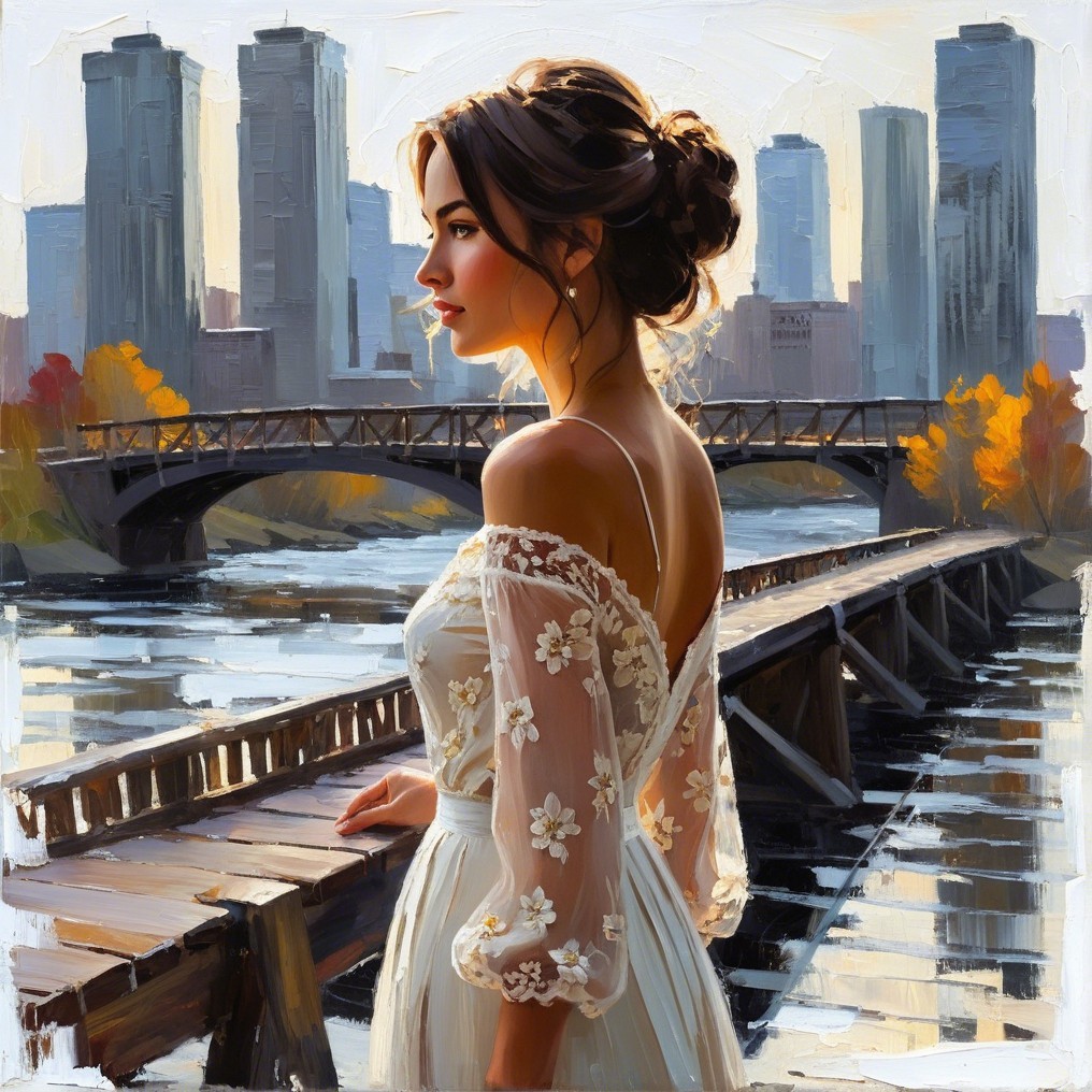 Young woman in white dress by serene river at sunset