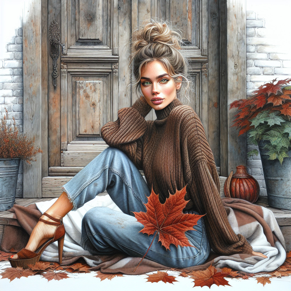 Young woman in cozy attire by rustic door with autumn decor