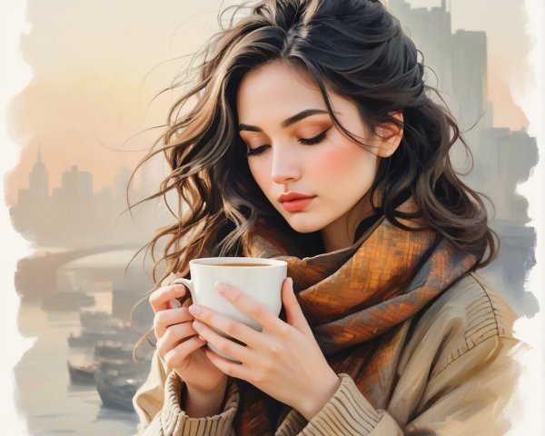 Young woman in oversized jacket with city sunset backdrop