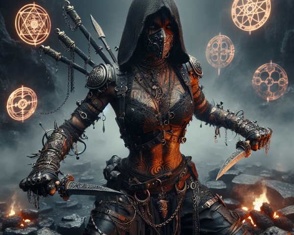 Fierce Warrior Figure in Dark Cloak with Mystical Symbols