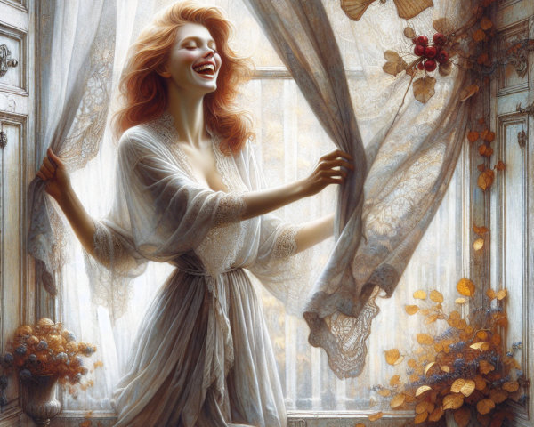 Joyful Woman by Sunlit Window with Flowing Robe