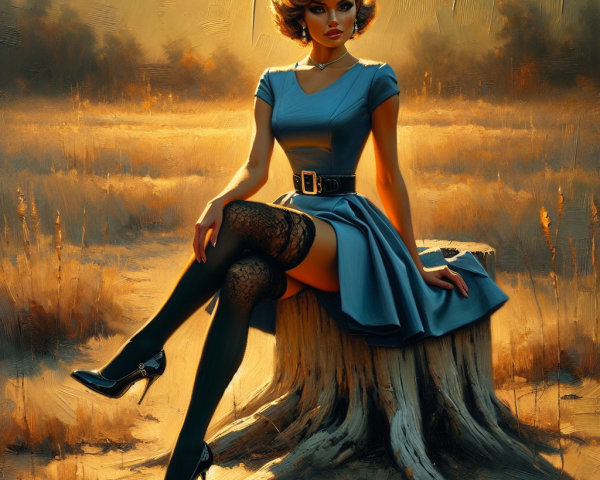 Sophisticated Woman in Light Blue Dress and Dark Sky