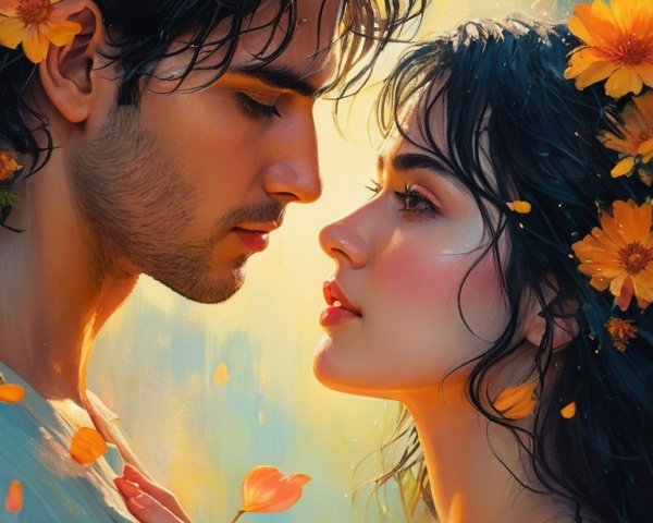 Couple in Romantic Scene Surrounded by Vibrant Flowers